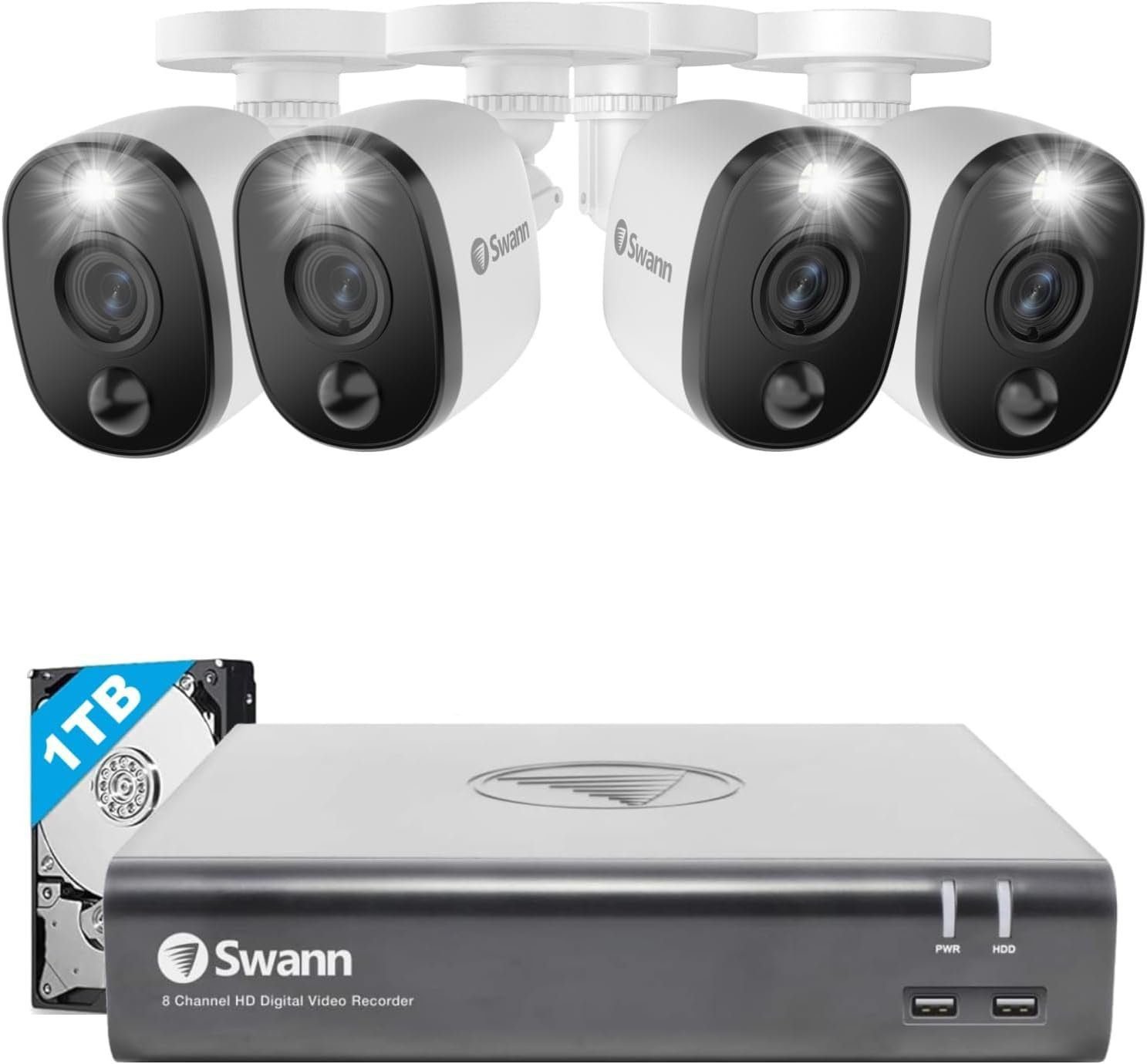 Swann Home DVR Security Camera System with 2TB HDD, 16 Channel 8 Camera, 4K Ultra HD Video, Indoor or Outdoor Wired Surveillance CCTV, Color Night Vision, Heat Motion Detection, LED Lights, 1655808
