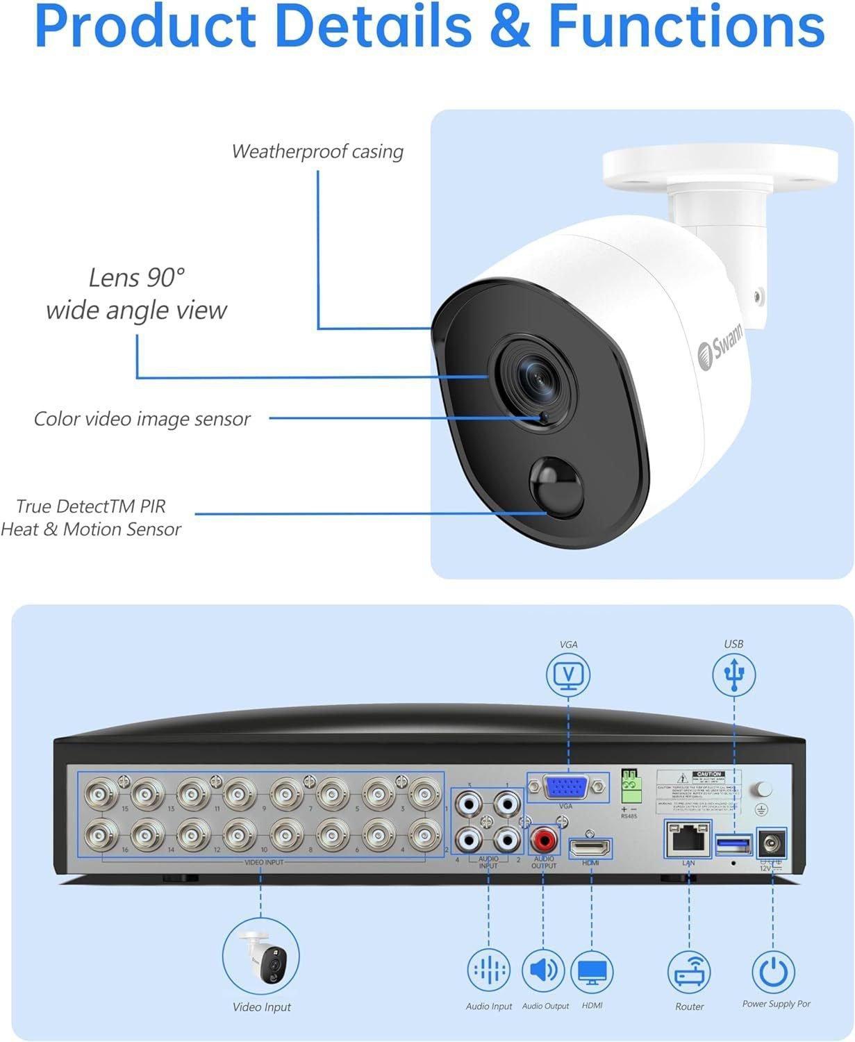 Swann Home DVR Security Camera System with 2TB HDD, 16 Channel 8 Camera, 4K Ultra HD Video, Indoor or Outdoor Wired Surveillance CCTV, Color Night Vision, Heat Motion Detection, LED Lights, 1655808