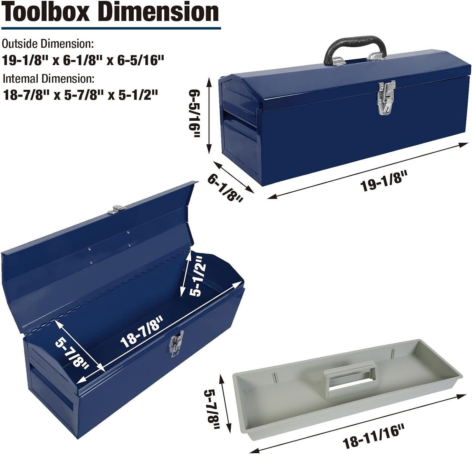 TCE ATB101U Torin 19 Hip Roof Style Portable Steel Tool Box with Metal Latch Closure and Removable Storage Tray, Blue
