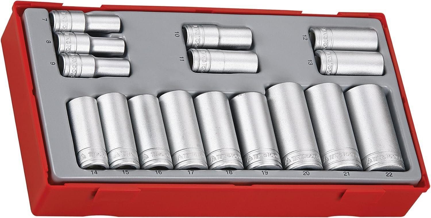 Teng Tools 16 Piece 3/8 Inch Drive Metric 6 Point Deep Socket Set Tool Tray (7mm - 22mm) - TT3816, Silver