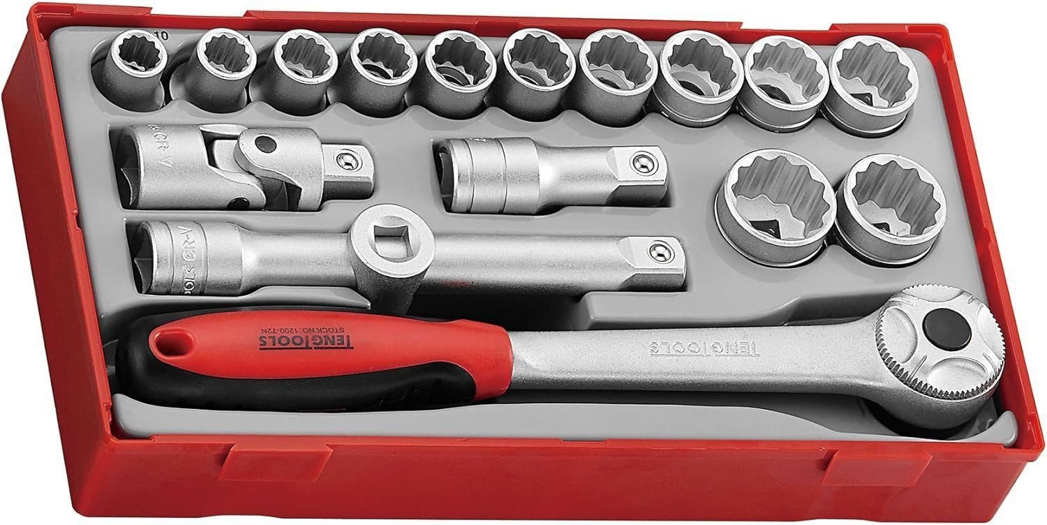 Teng Tools 17 Piece 1/2 Inch Drive Metric 12 Point Regular/Shallow Socket Set Tool Tray - TT1218, Silver Teng Tools 17 Piece 1/2 Inch Drive Metric 12 Point Regular/Shallow Socket Set Tool Tray - TT1218, Silver