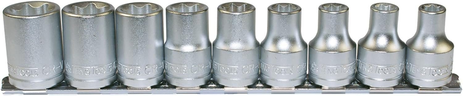Teng Tools 9 Piece 1/2 Inch Drive TX-E Socket Set (E10 - E24) + Clip Rail  9 Socket Clips - M1210