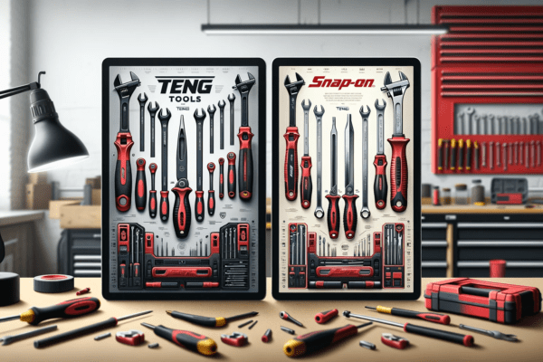 A digital illustration of two distinct sets of tools, one labeled 'Teng Tools' and the other 'Snap-On', displayed side by side for comparison. The Ten.