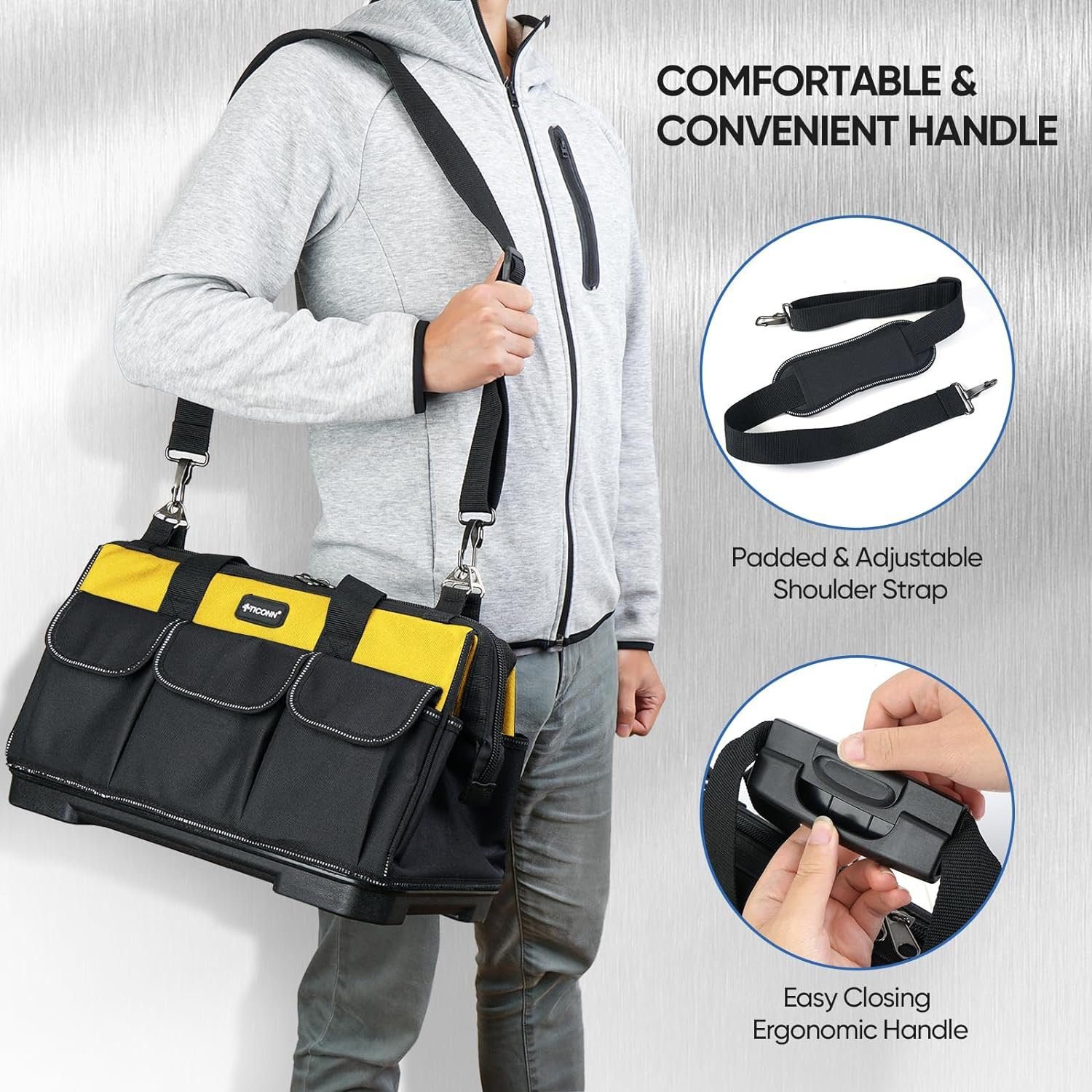 TICONN 16in Tool Bag with Waterproof Soft Bottom, Multi-Pockets Wide Mouth Tool Tote with Safety Reflective Straps, Adjustable Shoulder Strap