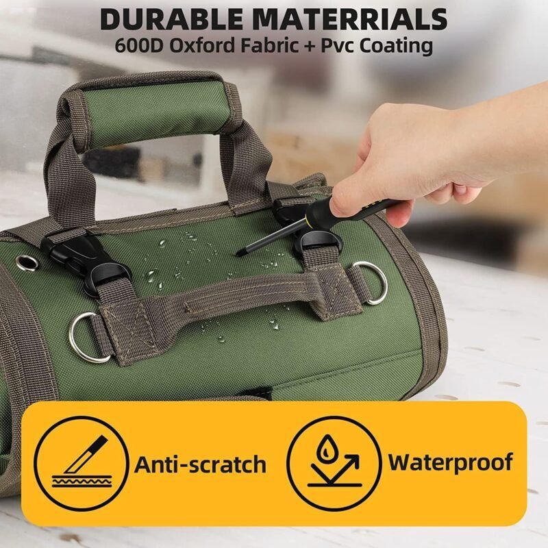 UUP Tool Bag Roll Up, Heavy Duty Tool Organizer for Men Women, Portable Tool Storage Box with 2 Detachable Zipper Pouch, Compact Small Carrier Bag for Electrician Mechanic, Father Day Dad Gifts, Green