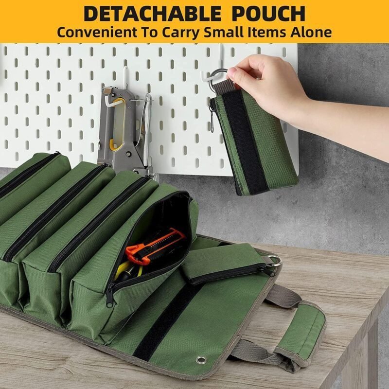 UUP Tool Bag Roll Up, Heavy Duty Tool Organizer for Men Women, Portable Tool Storage Box with 2 Detachable Zipper Pouch, Compact Small Carrier Bag for Electrician Mechanic, Father Day Dad Gifts, Green