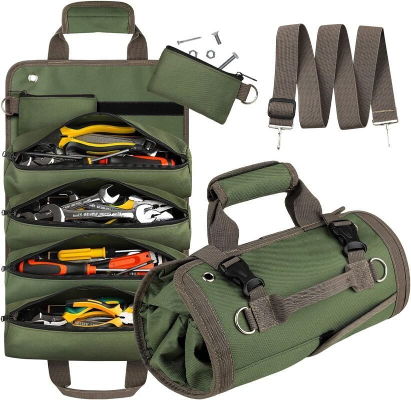 UUP Tool Bag Roll Up, Heavy Duty Tool Organizer for Men Women, Portable Tool Storage Box with 2 Detachable Zipper Pouch, Compact Small Carrier Bag for Electrician Mechanic, Father Day Dad Gifts, Green