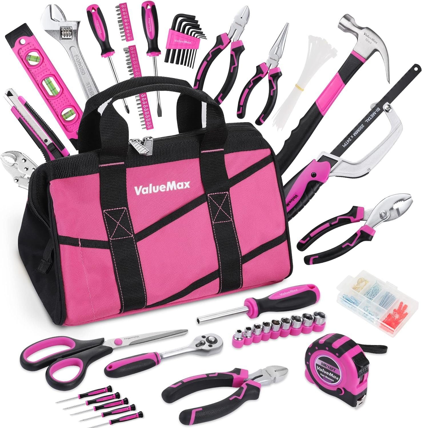 ValueMax Pink Tool Kit, 219-Pieces Home Repairing Tool Set, Household Tool Kit with Wide Mouth Open Storage Bag, Household Hand Tool Set for DIY, Gifts and Basic Home Maintenance ValueMax Pink Tool Kit, 219-Pieces Home Repairing Tool Set, Household Tool Kit with Wide Mouth Open Storage Bag, Household Hand Tool Set for DIY, Gifts and Basic Home Maintenance