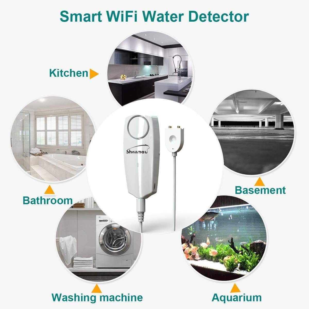 WiFi Water Sensor 100dB Alarm, Smart Water Leak Detector, Tuya APP Free Remote Monitoring of Leakage, 5.9FT Detection Line, Mute / 6 Ringtones Adjustable, Can Open SMS and Phone Notification Function WiFi Water Sensor 100dB Alarm, Smart Water Leak Detector, Tuya APP Free Remote Monitoring of Leakage, 5.9FT Detection Line, Mute / 6 Ringtones Adjustable, Can Open SMS and Phone Notification Function