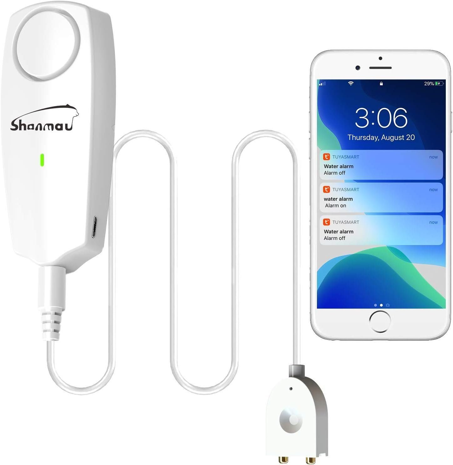 WiFi Water Sensor 100dB Alarm, Smart Water Leak Detector, Tuya APP Free Remote Monitoring of Leakage, 5.9FT Detection Line, Mute / 6 Ringtones Adjustable, Can Open SMS and Phone Notification Function WiFi Water Sensor 100dB Alarm, Smart Water Leak Detector, Tuya APP Free Remote Monitoring of Leakage, 5.9FT Detection Line, Mute / 6 Ringtones Adjustable, Can Open SMS and Phone Notification Function