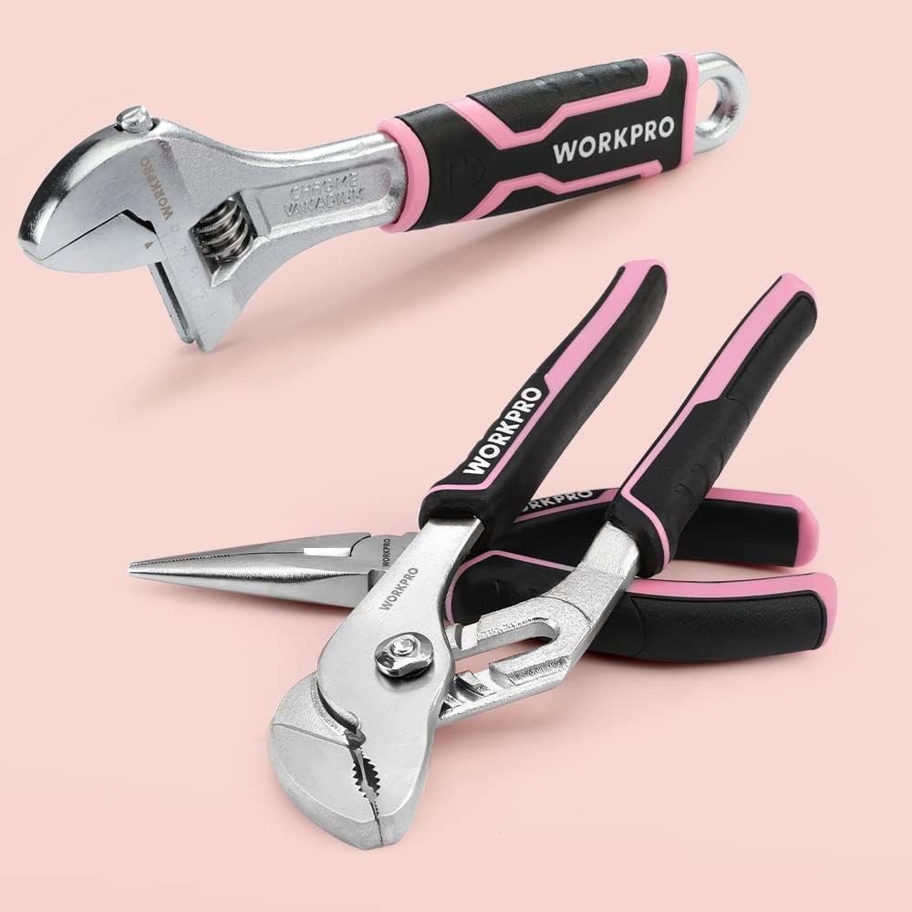 WORKPRO 53-Piece Pink Tool set with Electric Cordless Screwdriver, Basic Tool Kit Set for Women with 13 Portable Tool Bag for DIY Home Repair/Maintenance - Pink Ribbon