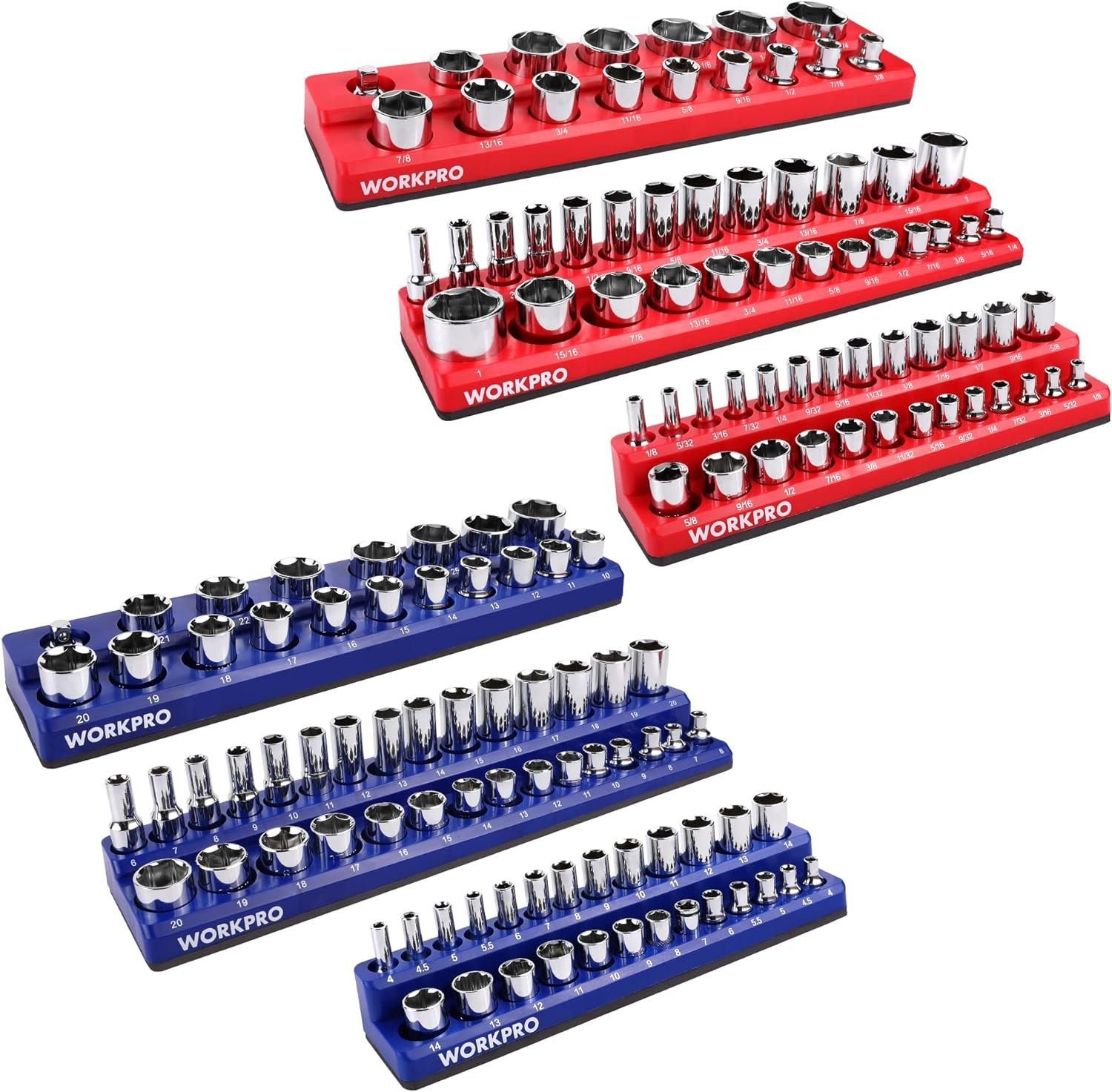 WORKPRO Magnetic Socket Organizer Set, 6-Piece Socket Holder Set Includes 1/4, 3/8, 1/2 Drive Metric SAE Socket Trays, Holds 141 Pieces Standard Size and Deep Size Sockets(Socket not Included)