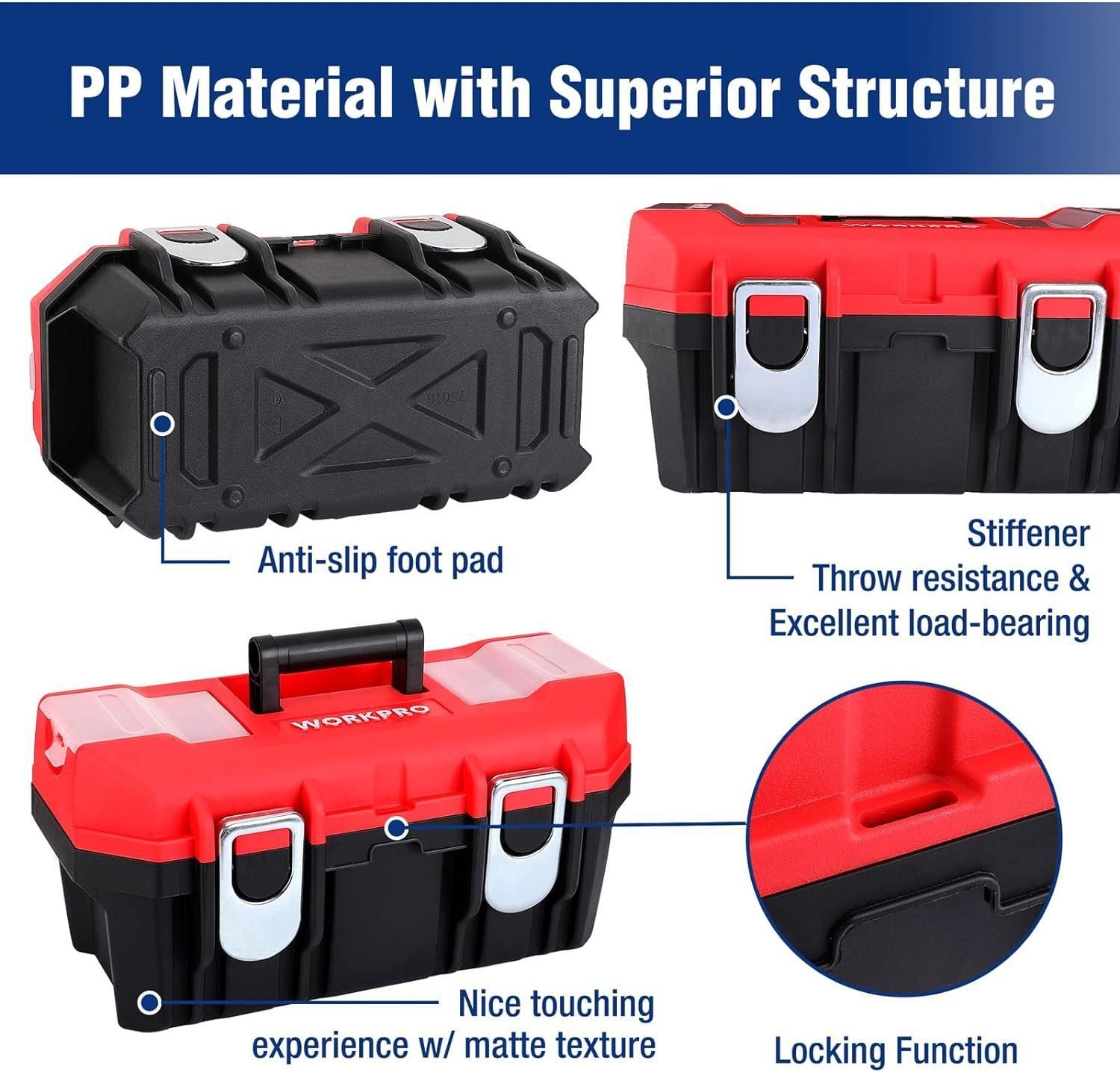 WORKPRO Tool Box Portable 16 with Removable Tray Heavy Duty Toolbox with 2 Metal Latches, Rated up to 33 Lbs, PP Plastic Small Tool Boxes with Lock Secured, Small Parts Organizer in Lid, black red WORKPRO Tool Box Portable 16 with Removable Tray Heavy Duty Toolbox with 2 Metal Latches, Rated up to 33 Lbs, PP Plastic Small Tool Boxes with Lock Secured, Small Parts Organizer in Lid, black red
