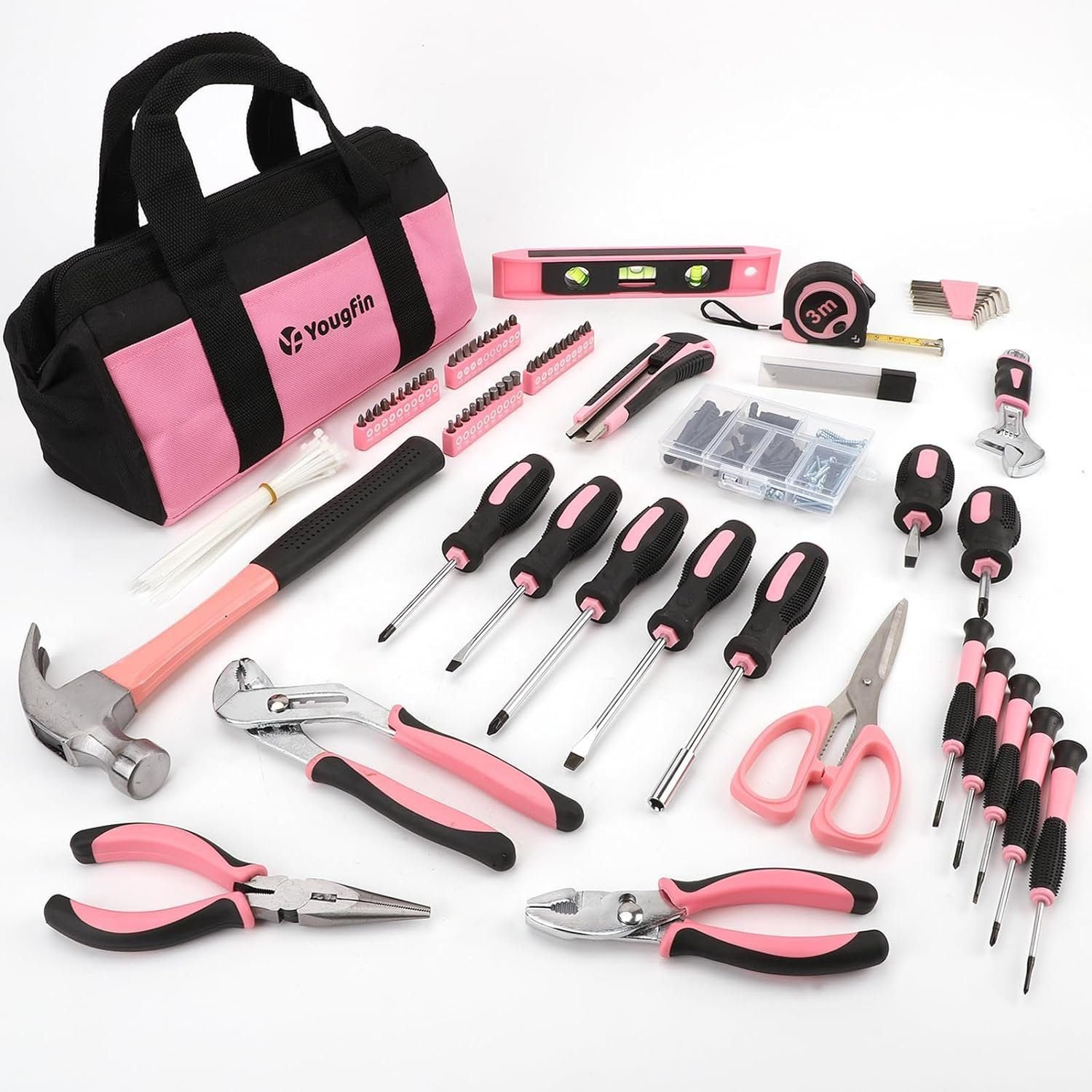 Yougfin Pink Tool Set, 215 Pcs Ladys General Home Repairing Tools Kit For Girls  Women With Portable Bags, Includes All Essential Tools for Home, Garage, Office and College Dormitory Use