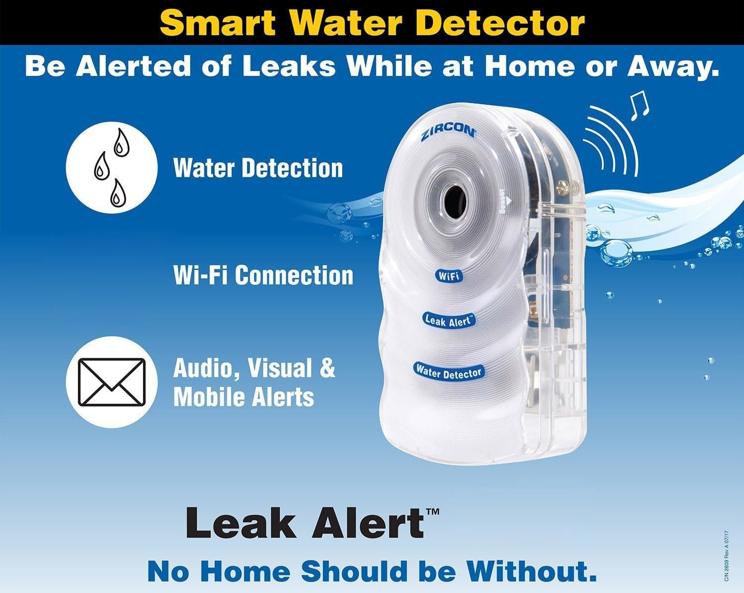 Zircon Leak Alert WiFi - Smart Electronic Water Detector Alarm with Email, Audio and Visual Alerts - Battery Included