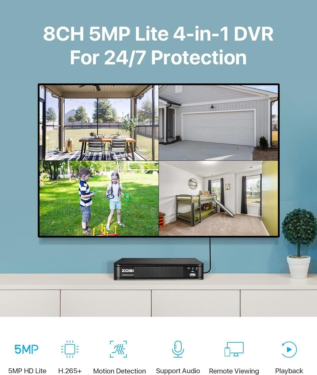 ZOSI H.265+ 5MP 3K Lite CCTV DVR 8 Channel Full 1080p, AI Human Vehicle Detection, Remote Access, Hybrid Capability 4-in-1(Analog/AHD/TVI/CVI) Surveillance DVR for Security Camera (No Hard Drive)